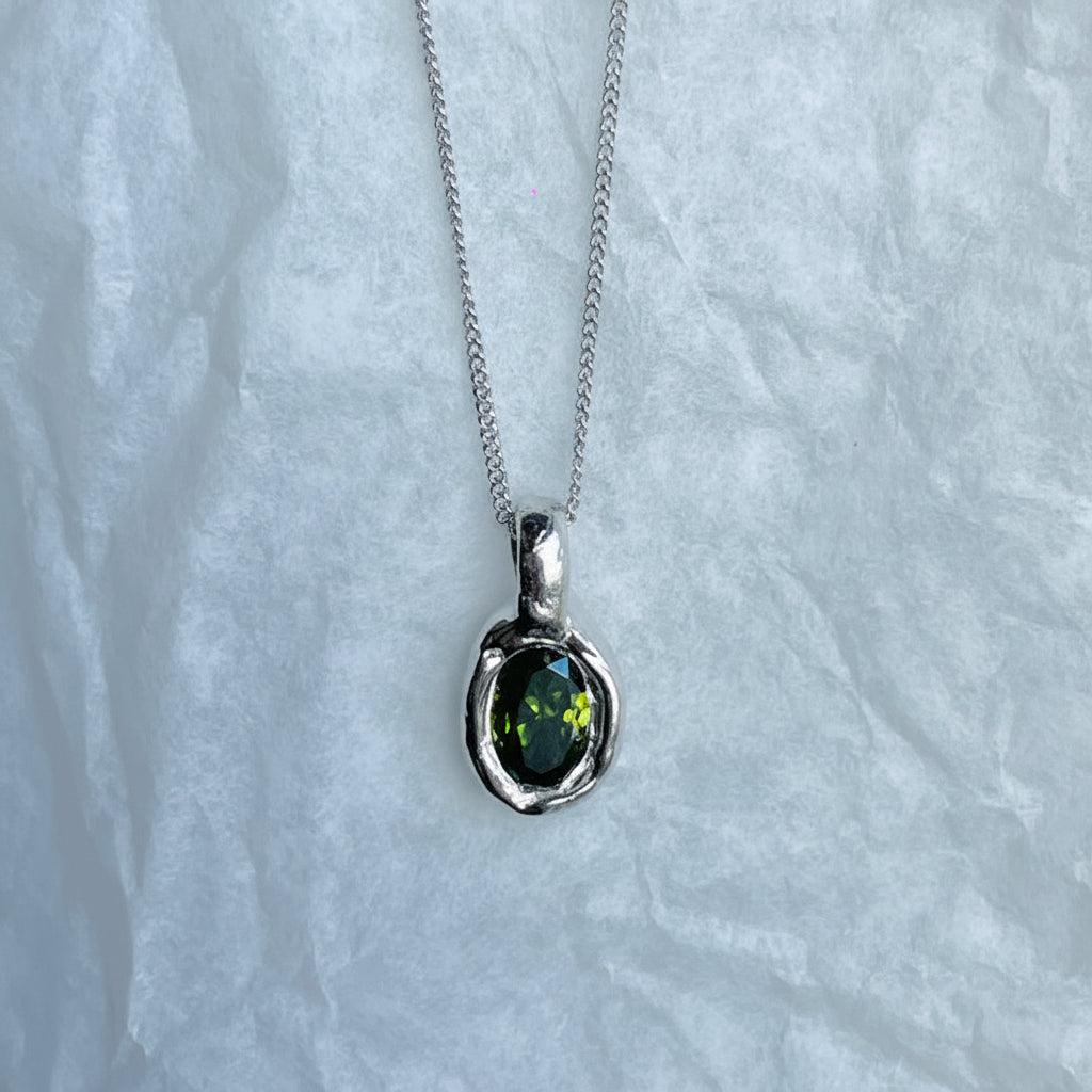 Tiny Olive. green oval Pebble Necklace